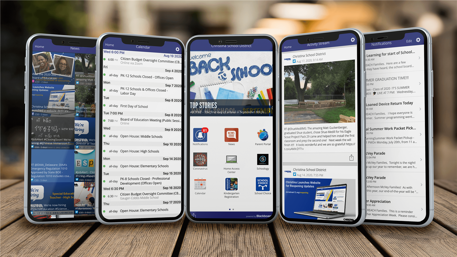 5 screenshots of the Christina School District Mobile App in Mock Phones 